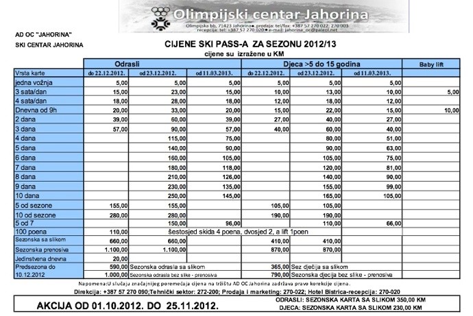 Jahorina - cene ski passa za sezonu 2012/13
